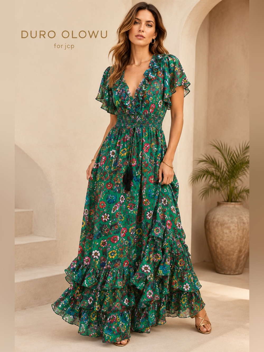Duro Olowu JCP Green Paisley Floral Ruffle Maxi Dress Small Resort Vacation